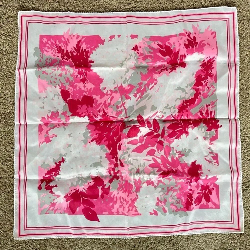 Pink White Floral Square Scarf 21x21 Hand Rolled Hem Valentine Chic